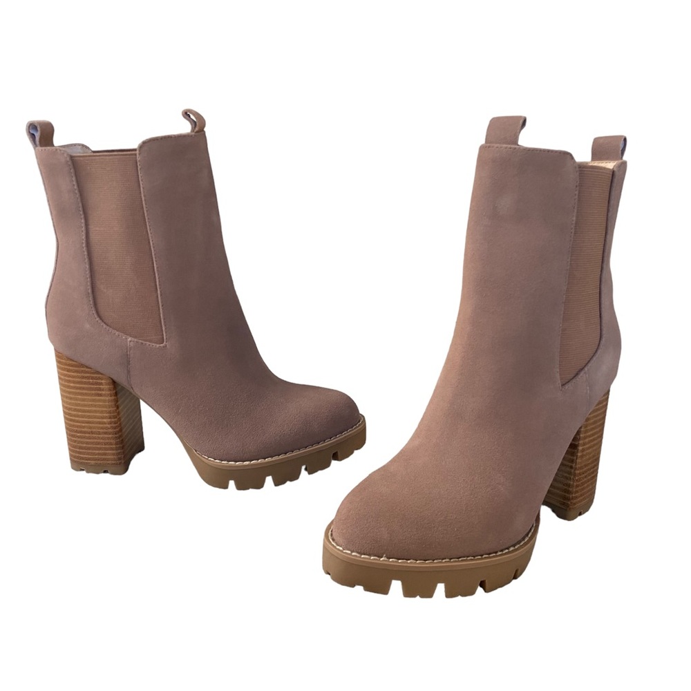 Charles David Gambit Taupe Pink Suede Leather Platform Block Heel Boots Booties